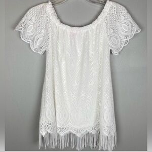 Lilly Pulitzer Lace Fringe White Top Resort Womens L NEW